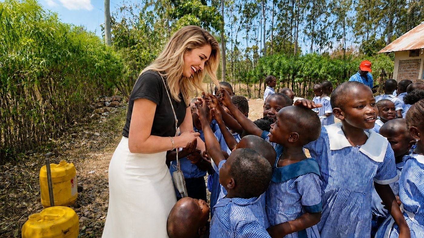 Founder Staci Austin greeting schoolchildren in blue uniforms in Kenya